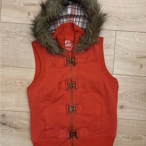 Y2K Orange Hooded Vest with Faux Fur Trim